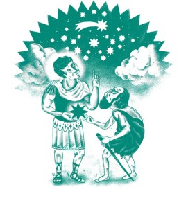 Ilustração do São Martinho com o mendigo a olhar para o céu estrelado