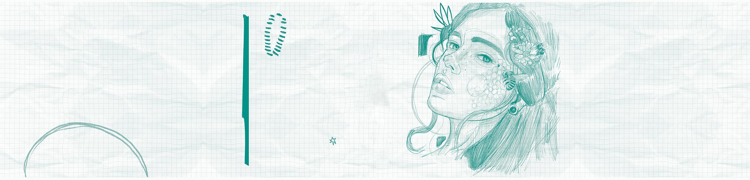 ilustração de uma mulher com flores na cabeça e abelhas ao redor
