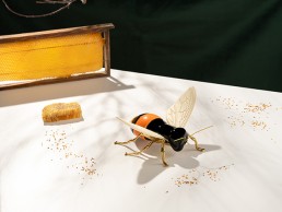 Abelha de cerâmica preta com riscas amarelas com patas em latão natural numa mesa com um favo de mel